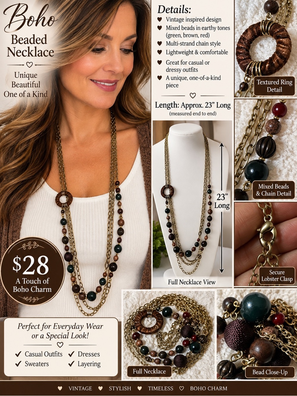 Boho Beaded Multi-Strand Necklace in Earth Tones by